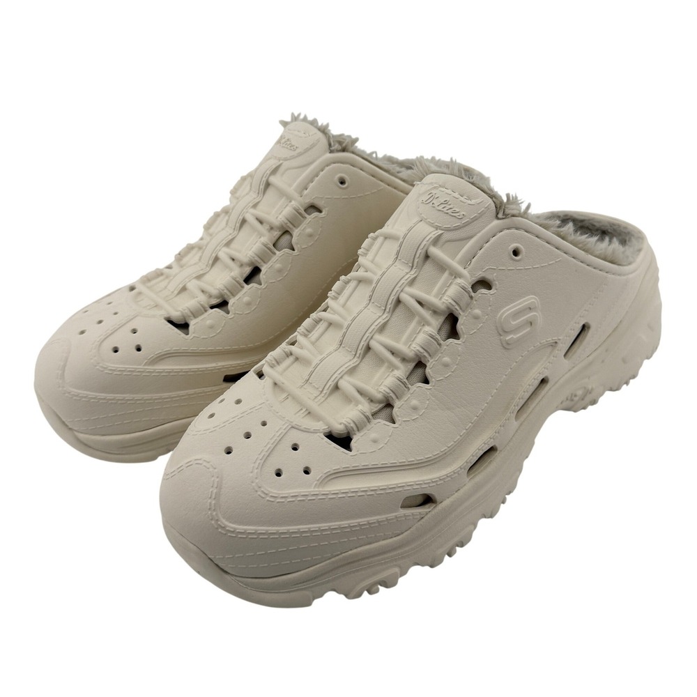 Skechers DLites Foamies Slip On Clogs White Women 9 Faux Fur Lined Y2K Chunky